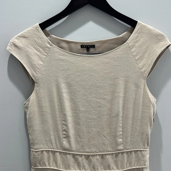 Theory Cap Sleeve Tan Linen Pencil Midi Dress, with pockets side zipper Size 2 - Picture 3 of 10